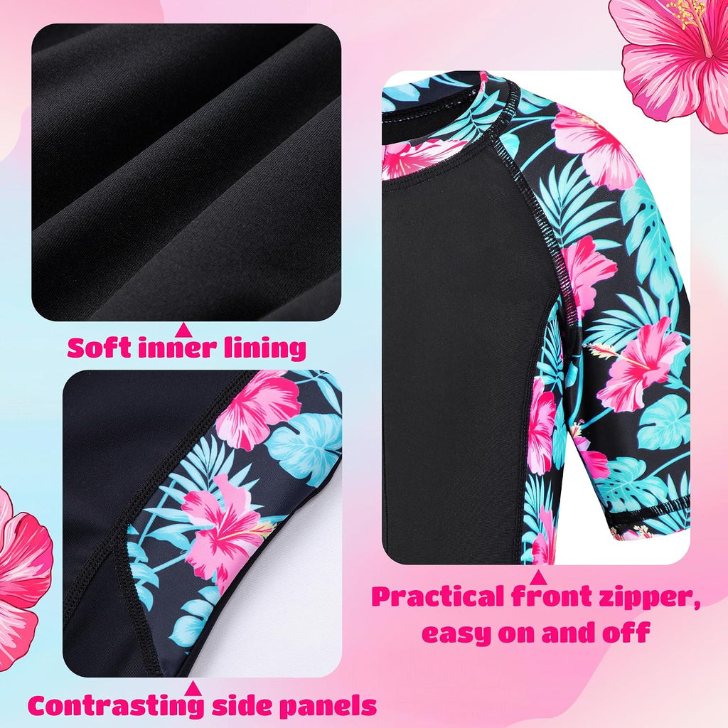 Girls Rash Guard Swimsuit One Piece Short Sleeve Front Zipper Swimwear UPF 50+ Bathing Suits