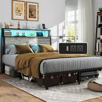 Bed Frame with 2-Tier Storage Headboard, Rustic Grey