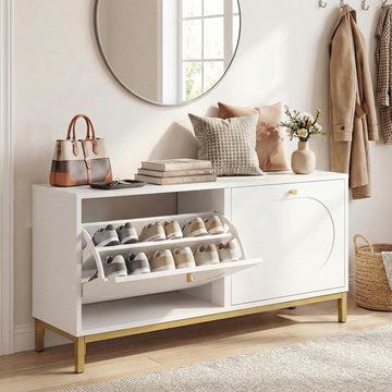 Shoe Storage Bench with 2 Flip Drawers, 39.5" W Entryway Bench with Storage, Adjustable Shelves, Modern Shoe Cabinet