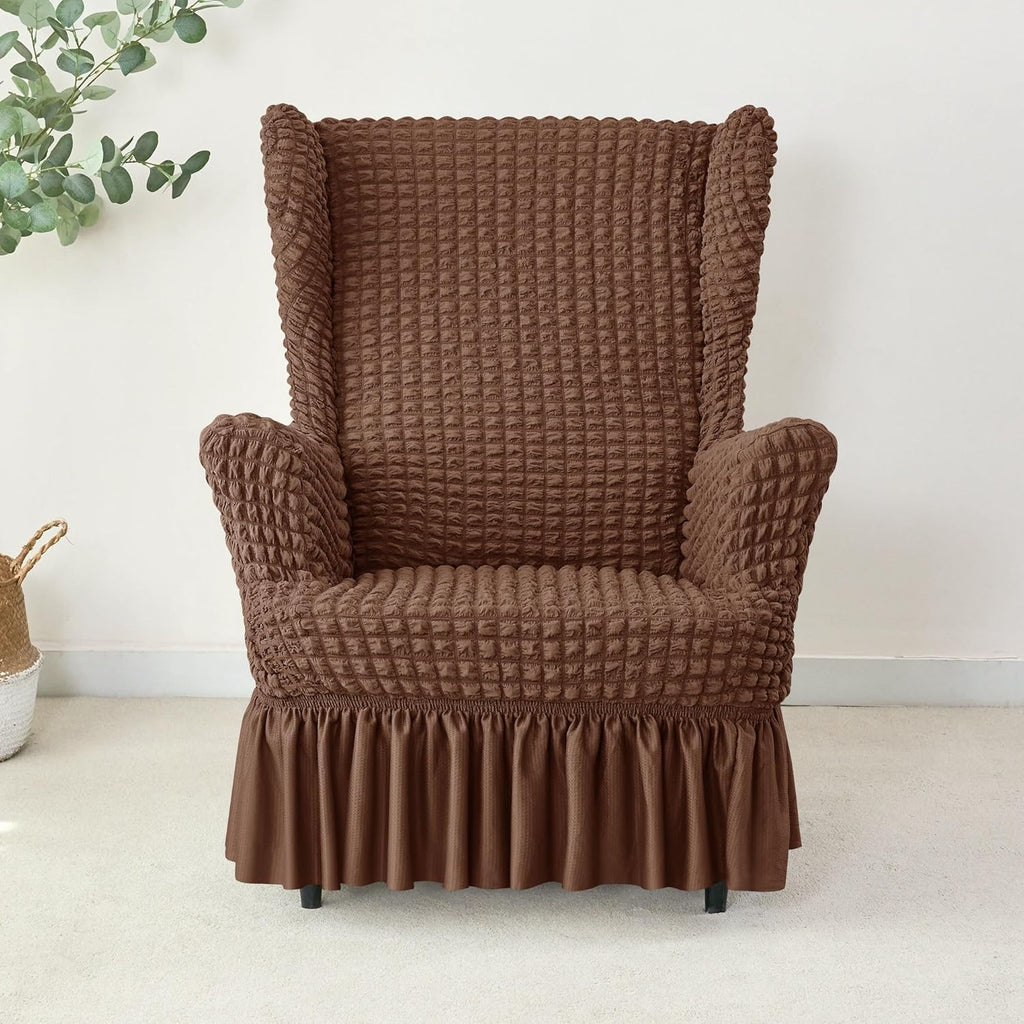 Stretch Seersucker Wingback Chair Slipcover, Universal Bubble Wing Chair Slipcovers with Skirt, Living Room High Back