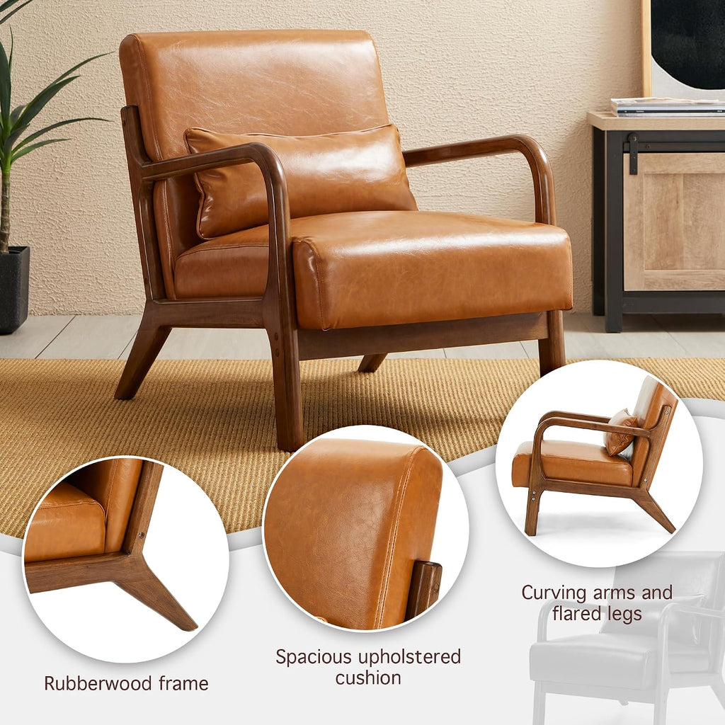 Set Mid Century Yellowish Brown Accent Armchair, Single Reading Armchair PU Leather Lounge Chair with Walnut - Set of 2