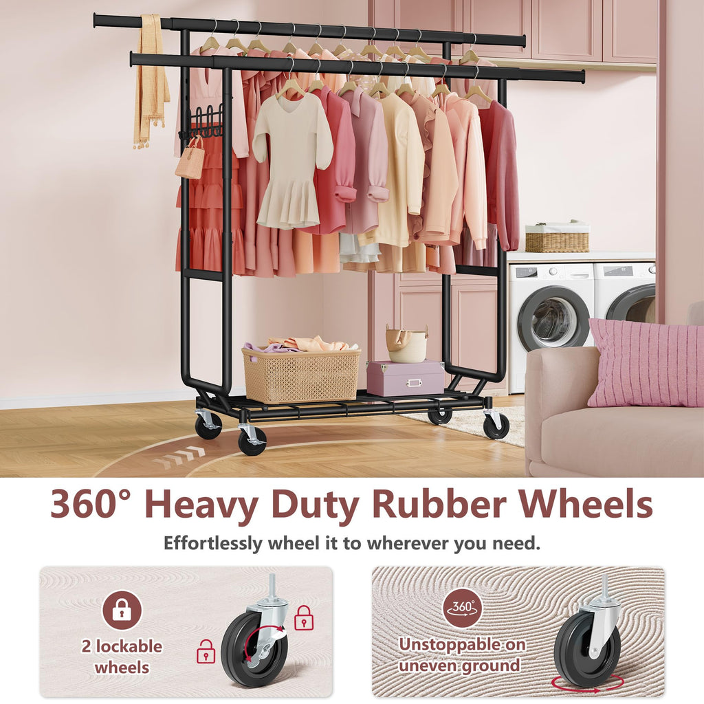 2-Minute Assembly Double Rod Clothes Rack, Heavy Duty Rolling Clothing Racks with Wheels, Foldable Commercial Garment