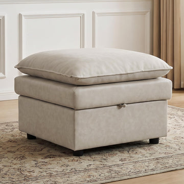 27" Beige Faux Leather Storage Ottoman, Large Square Footrest for Couch