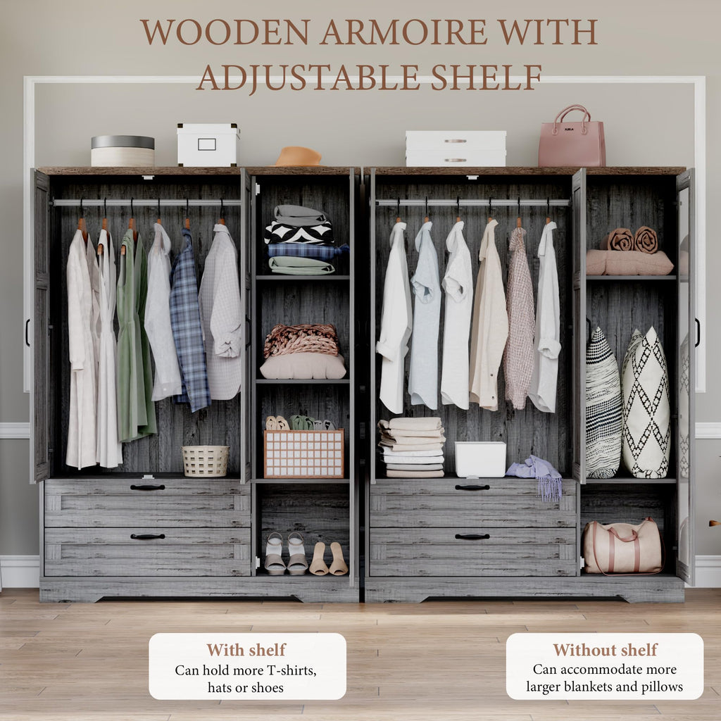 62" Wooden Armoire Wardrobe Closet with Mirror, Grey, 3 Doors