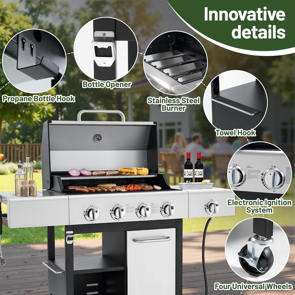 Propane Gas Grill with Side Burner, 50,000 BTU Stainless Steel BBQ Grill with Wheels for Patio and Backyard (Silver)