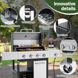 Propane Gas Grill with Side Burner, 50,000 BTU Stainless Steel BBQ Grill with Wheels for Patio and Backyard (Silver)
