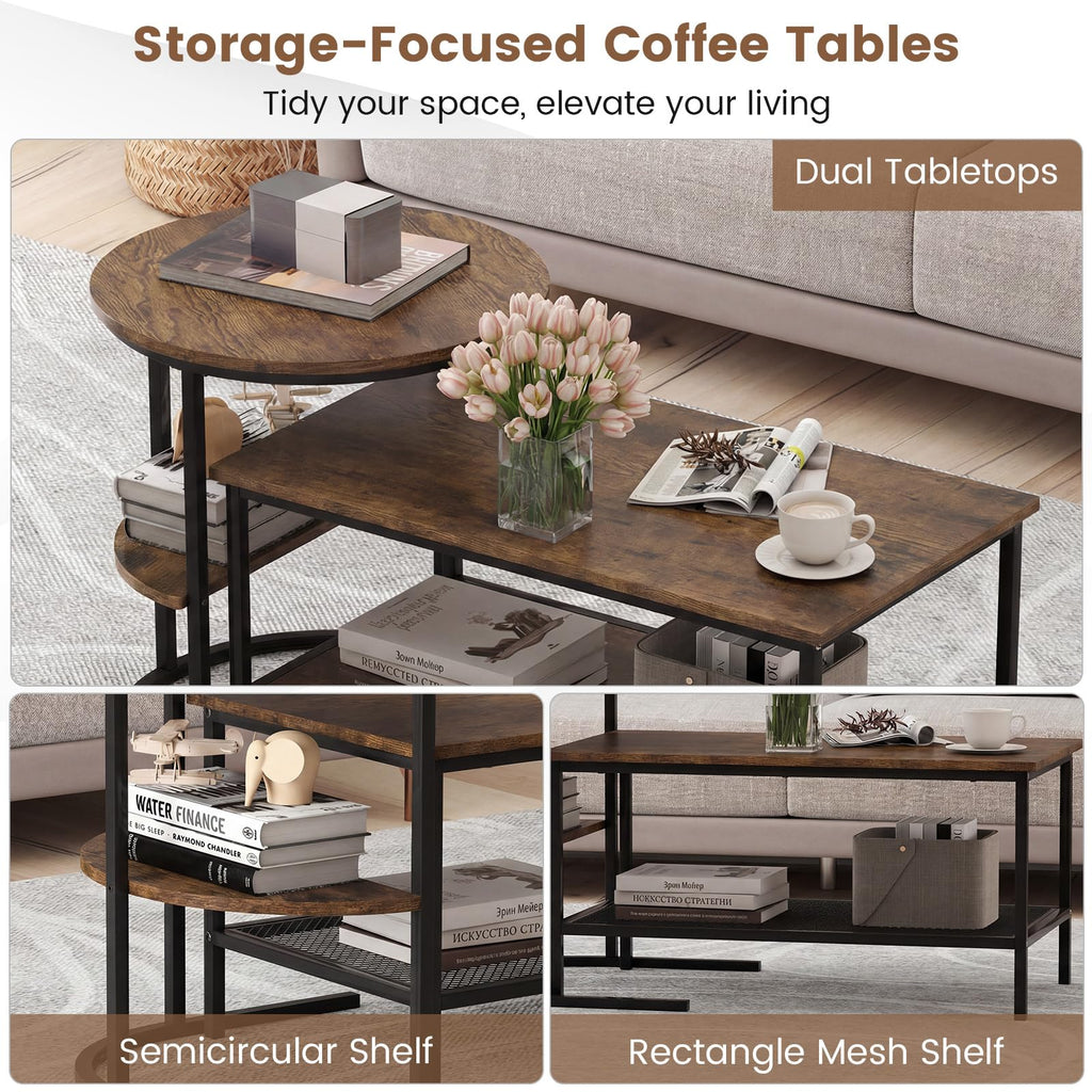 Nesting Coffee Set of 2, Detachable Rectangular & Round Set w/Wood Grain, Sturdy Golden Metal Frame, Modern Stacking
