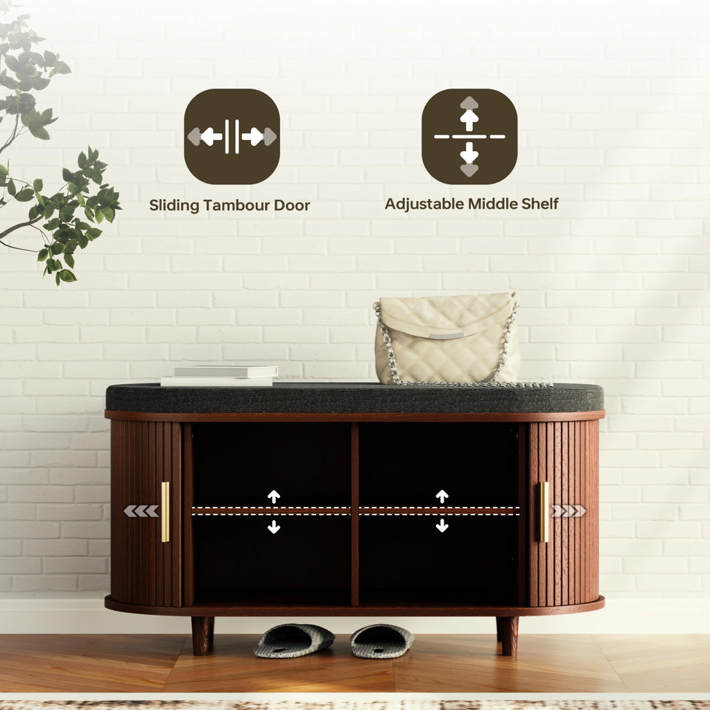 2-Tier Storage Bench, Wide Shoe Bench with Thickened Padded Seat Cushion, Mid Century Modern Fluted Sliding Door and
