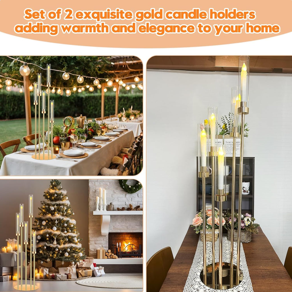 10 Sets 5 Arms Acrylic Candelabra for Tables,42'' Tall Candlesticks Holder with Lampshade,Wedding Centerpieces,Gold
