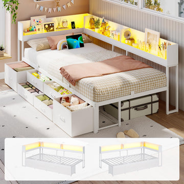 Corner Bed Frame with 6 Drawers, Twin XL Daybed Bookcase Storage
