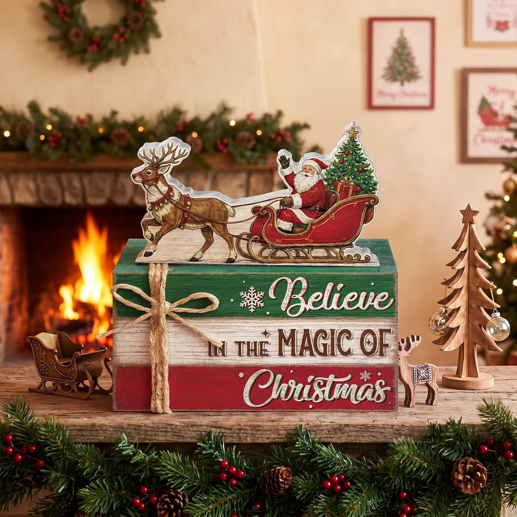 4 Pcs Christmas Santa Sleigh Table Decoration Wooden Book Stack Sign