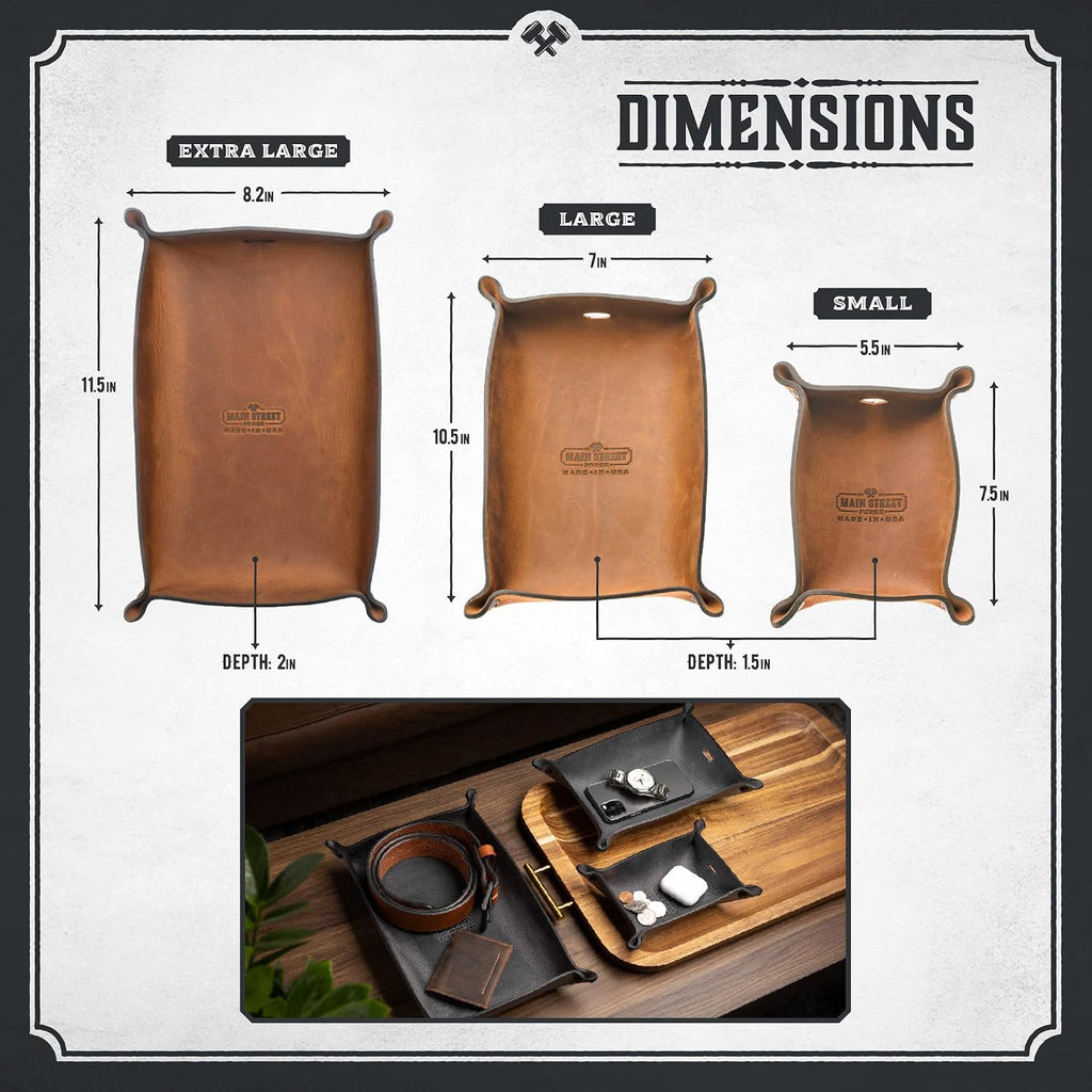 Leather Valet Tray for Men - Rustic EDC Organizer for Keys, Phone & Wallet - Made in USA - Whiskey Barrel Brown