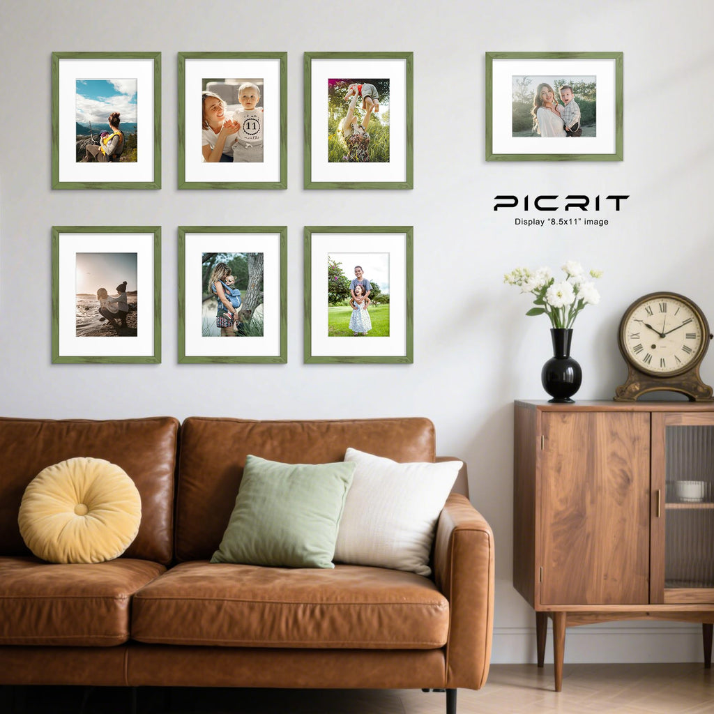 8.5x11 Picture Frame Set of 12, Gallery Wall Frames, Green Wood