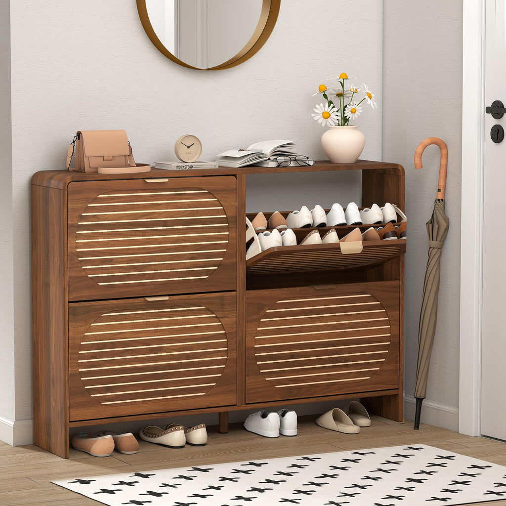 47" Large Shoe Storage Cabinet with 4 Flip Drawer Arched Fluted Pattern, Farmhouse Hidden Narrow Curved Corner Shoe