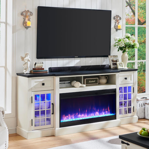 Fireplace TV Stand for 80 Inch TV, Farmhouse Highboy Entertainment Center w/LED Lights & 36" Electric Fireplace, Large Media Console w/Glass Door Cabinet & Storage Drawer, White A132-B0DDQ2KNLS