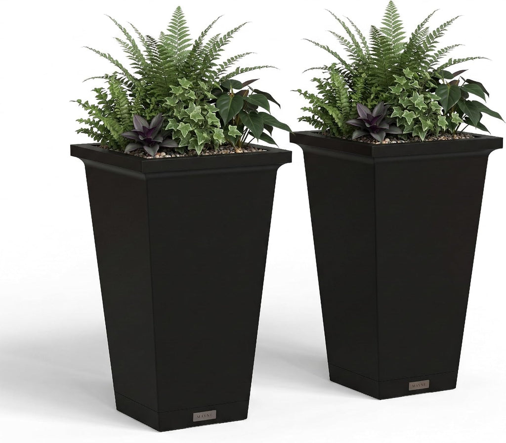 Renew 24in Modern Tall Square Planter, Black, 2-Pack | All season, Lightweight, Fade resistant, Planting shelf, Drip
