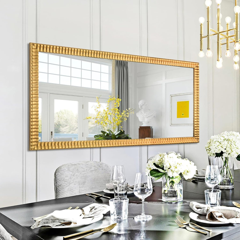 22" x 46" Decorative Wall Mirror Decor, Large Gold Mirror with 3D Wave Wood Carved Frame, Unique Rectangle Wall Decor