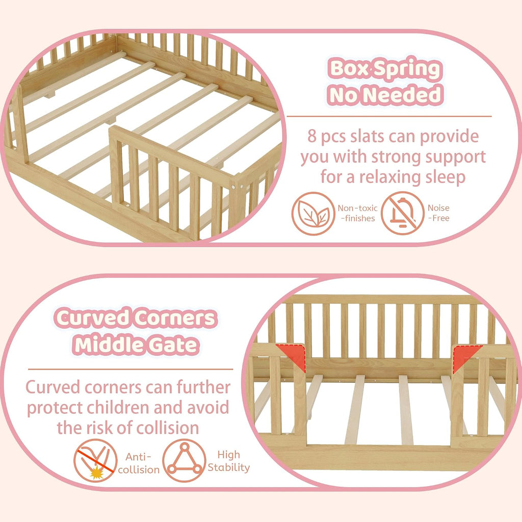 Montessori House Floor Bed with High Rails and LED Light, Natural