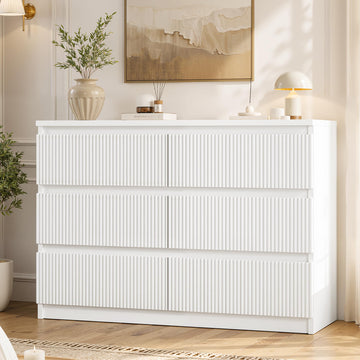 6 Drawer Fluted Dresser, Modern Chest of Drawers with Hidden Handles, Wood Storage Organizer Cabinet, White (15.7" D