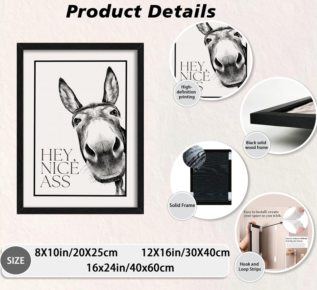 Framed, Funny Animal Bathroom Wall Art, Humorous Donkey Canvas Wall Decor Black and White Bathroom Print Painting