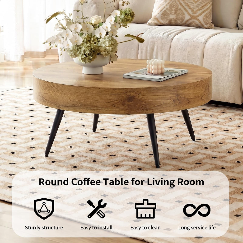 Round Coffee Table, Mid Century Small Coffee Table with Metal Legs, Wood Coffee Table Accent Center Table Apartment