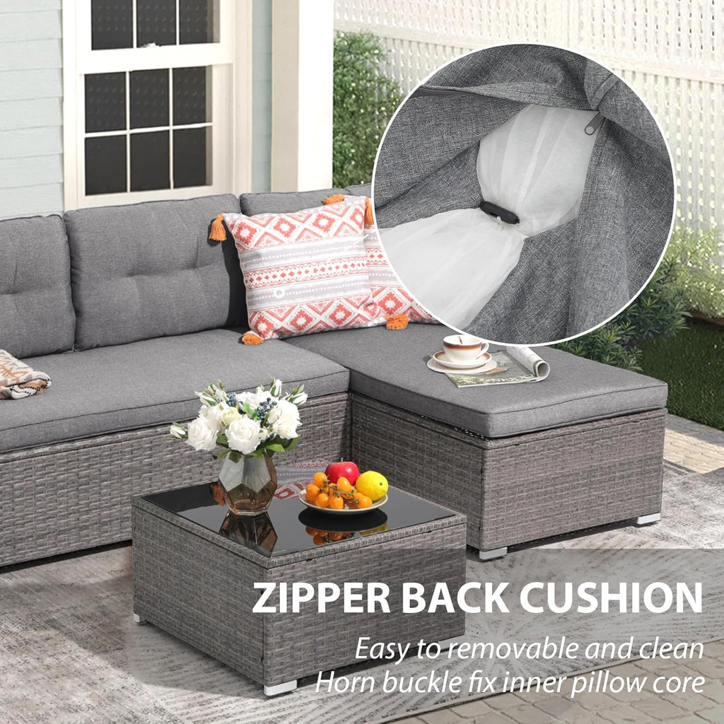 3-Piece Patio Furniture Set, Outdoor Wicker Rattan Sectional Sofa & Patio Couch with Cushions