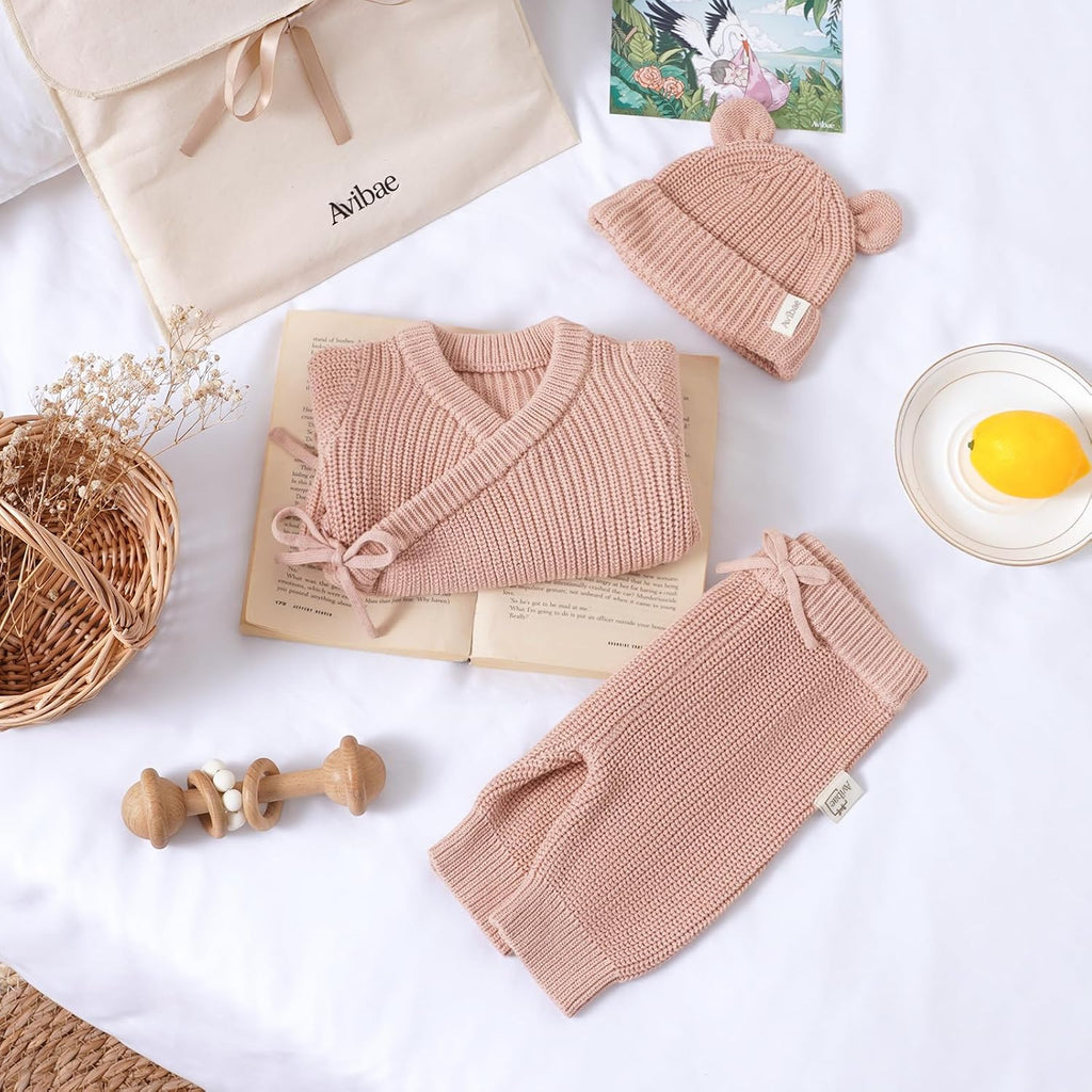 Baby Cotton Knit Set with Hat, Sweater and Pants, Coming Home Outfit