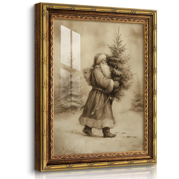 Santa Claus Gold Framed Canvas Wall Art 13x16 Vintage Xmas Decor