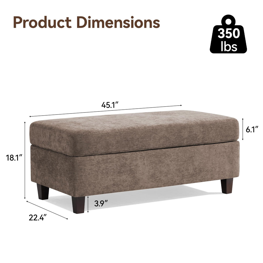 45 Inch Large Storage Ottoman Bench with Wooden Tray Coffee Table, Brown Chenille Upholstered Foot Rest