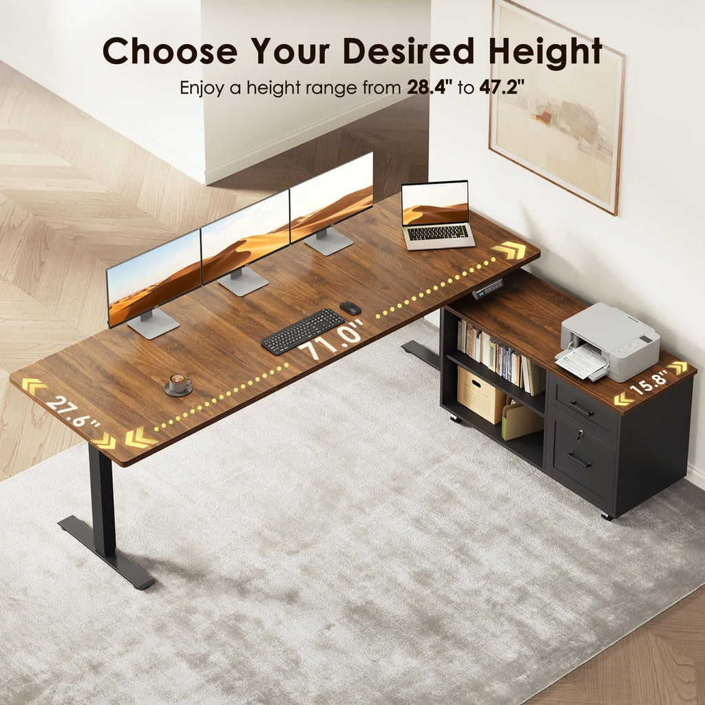 71" L Shaped Electric Standing Desk with Cabinet Sets, Walnut/Black