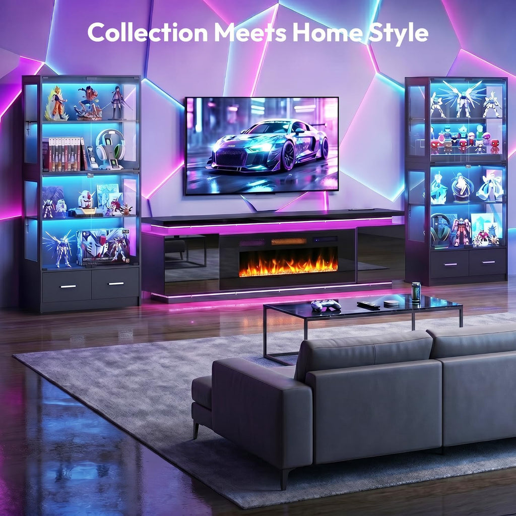 Display Cabinet with Seal Strip & RGB LED Light | 67" Curio Cabinet, Pop-Up Glass Doors, Adjustable Shelves, Anti-Tip
