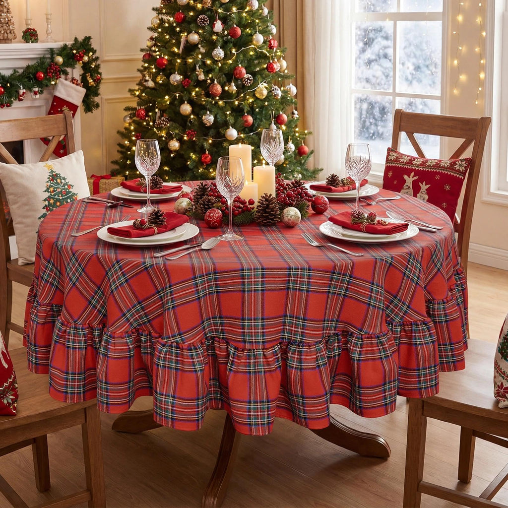 Christmas Plaid Ruffled Round Tablecloth, 70 Inch Red