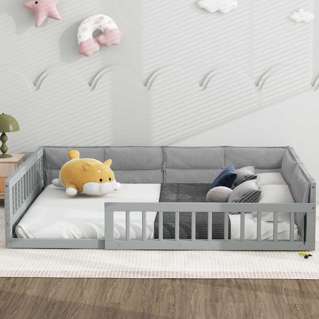 Floor Bed with Fence and Pillow, Kids Montessori Bed with Safety Guardrails, Solid Wood Playhouse Bed Frame