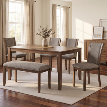 6 Piece Farmhouse Dining Table Set, Wooden Dinner Table Set for 6, 58.5" Rectangular Table, 4 Upholstered Linen