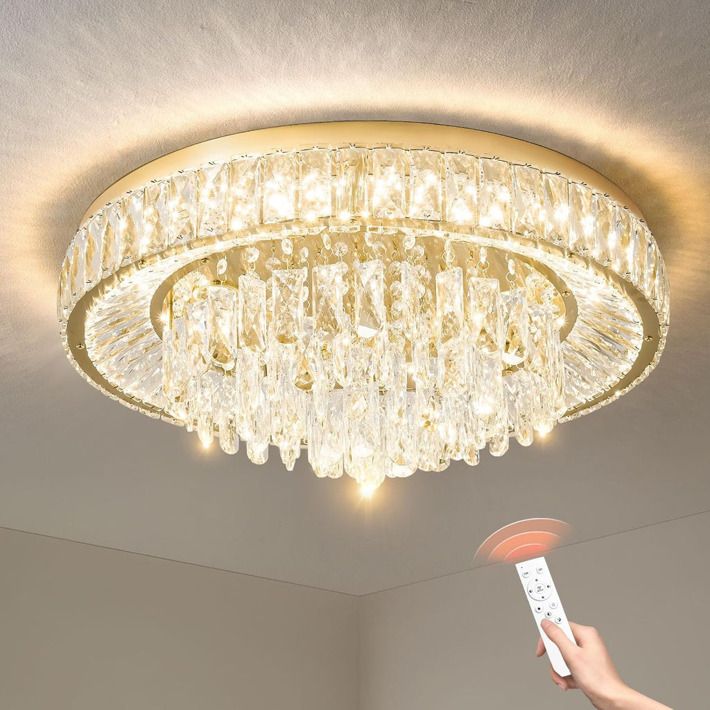 Modern LED Gold Crystal Chandelier: Flush Mount Crystals Ceiling Light With Remote - 24" Round Crystal Chandeliers