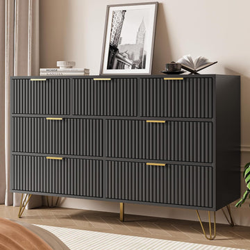 Black 7 Drawer Dresser, Fluted Dresser with Gold metal Handles