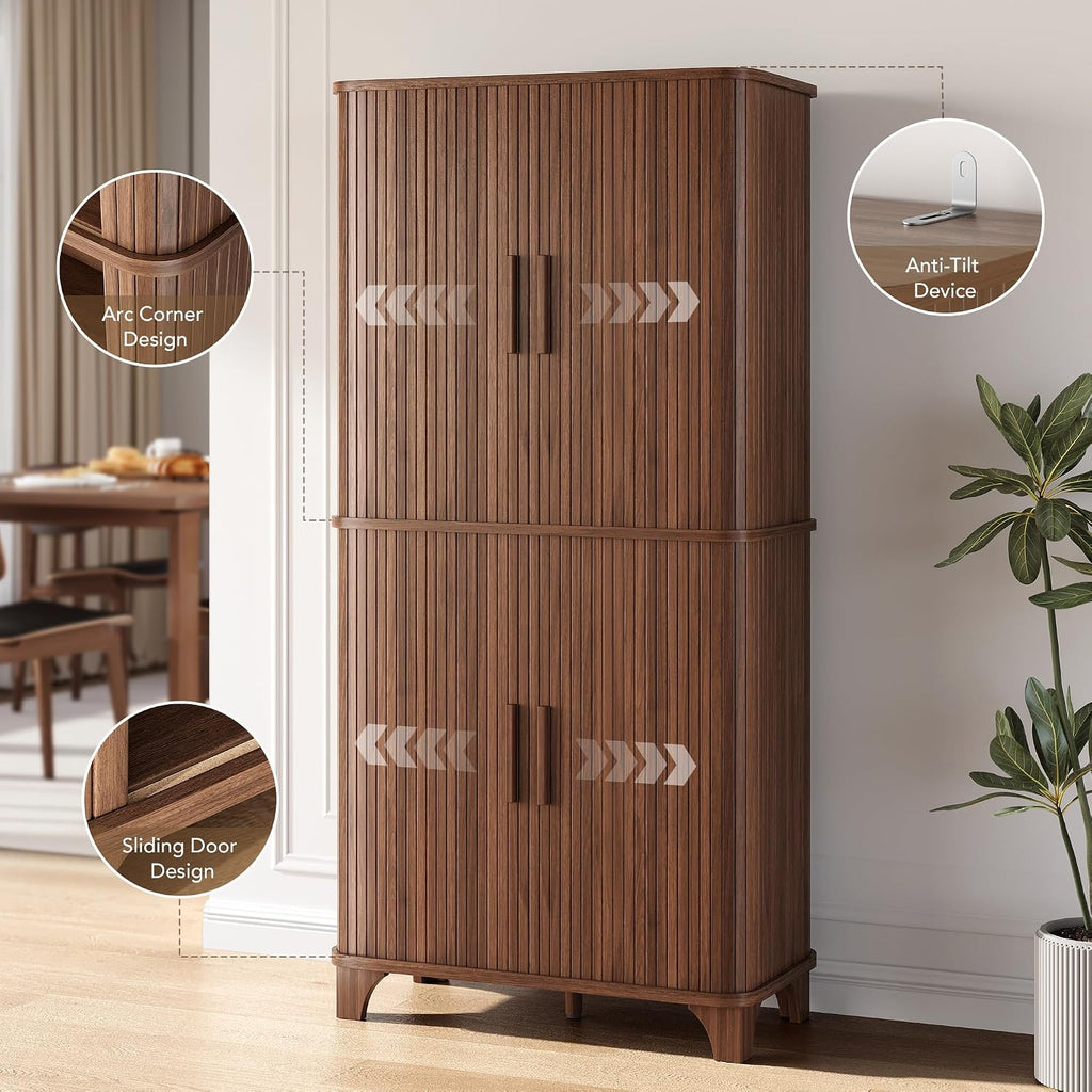 69" Tall Kitchen Pantry Storage Cabinet with Sliding Door, Modern Curved Edge Pantry Storage Cabinet with 5 Shelves