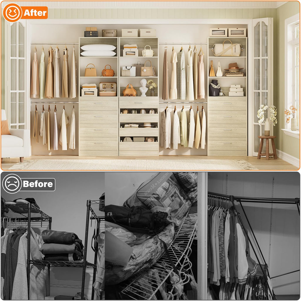Closet System with 12 Drawers, 8.5-11.5Ft Wood Closet Organizer