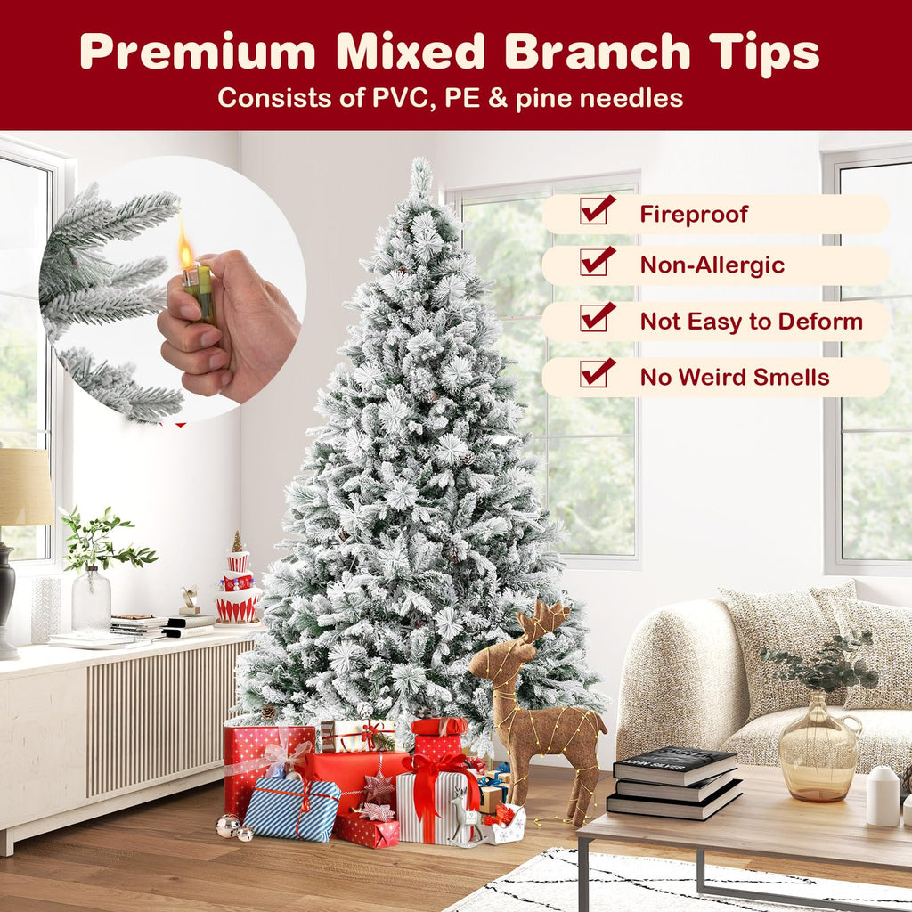 Pre-Lit Snow Flocked Christmas Tree 7 FT, Hinged Artificial Xmas Tree with 320 Multi-Color LED Lights, 8 Lighting