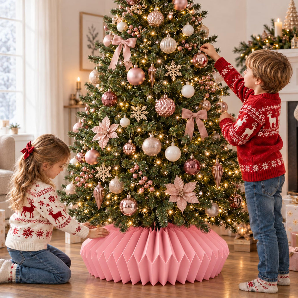 31.5in Pink Honeycomb Christmas Tree Collar Paper 2-Layer Tree Skirt Cover