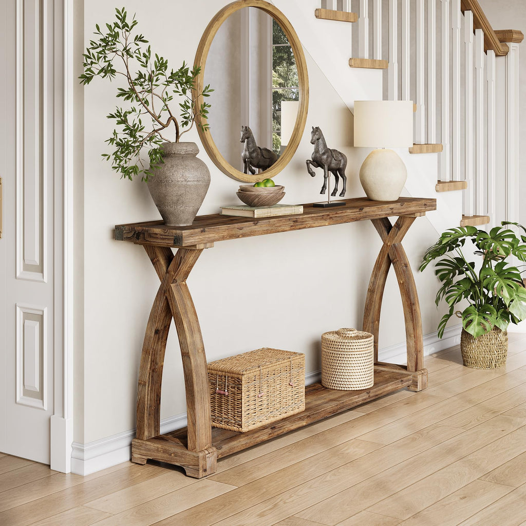Solid Wood Console Table, 63-Inch Narrow Farmhouse Couch Table Behind Sofa with 2-Tier Storage for Entrance, Foyer
