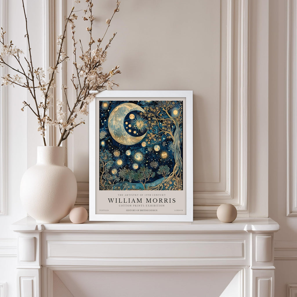 Art William Morris Poster - Moon and Stars Print - Flower & Night Sky Art - Botanical Design - Exhibition Print