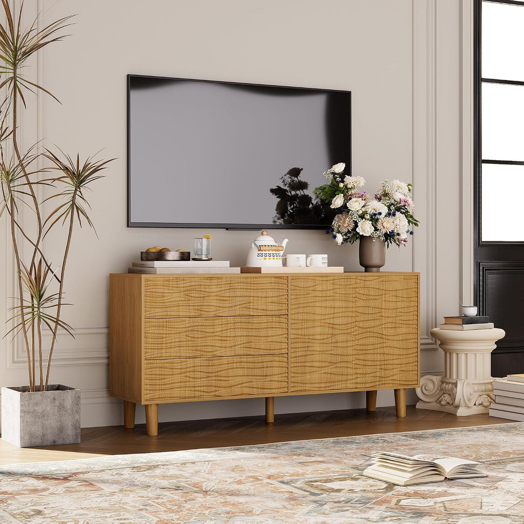 61" Wood Modern Sideboard Buffet Cabinet with Undulating Fluted Design, 3 Drawers & 2 Doors Kitchen Storage Cabinet