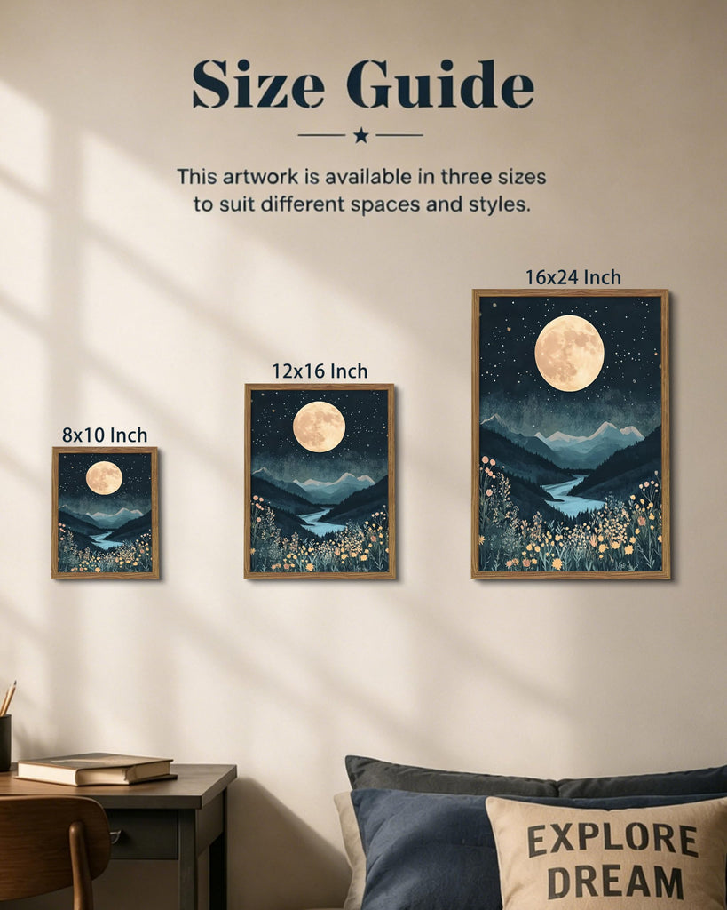 Framed Moonlight Mountain Landscape Canvas Wall Art, Vintage Nature Aesthetic Wall Decor Painting, Full Moon Night