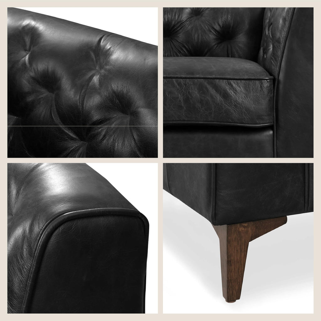 & BARK Essex 40" Lounge Chairs Set of 2 - Onyx Black Semi-Aniline Italian Leather, Tufted Back & Arms, Feather-Down