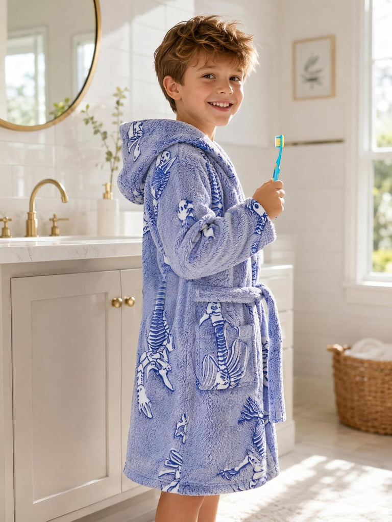 Boys Girls Robe Fleece Soft Hooded Bathrobes with Belt