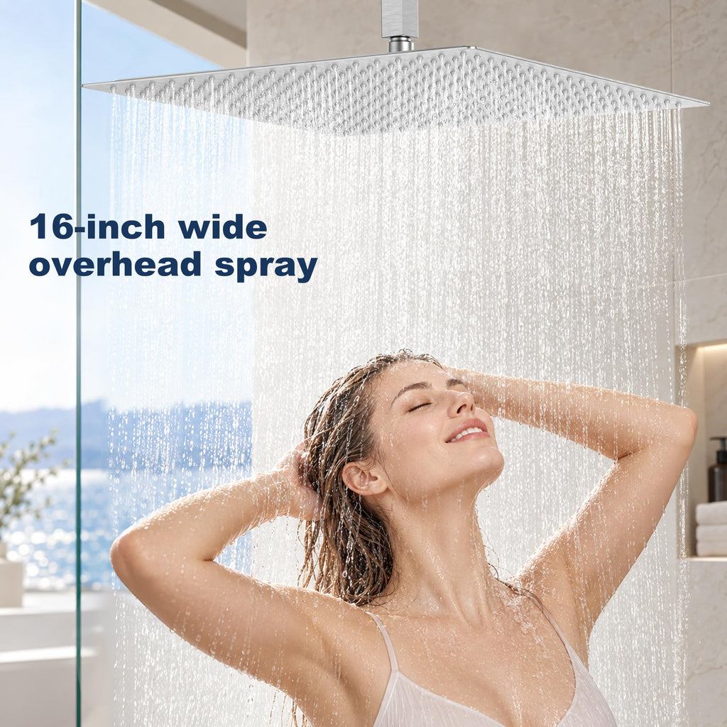 16 Inch Brushed Nickel Large Rain Shower Head, 304 Stainless Steel Square High Pressure Rainfall Shower Head, Ultra