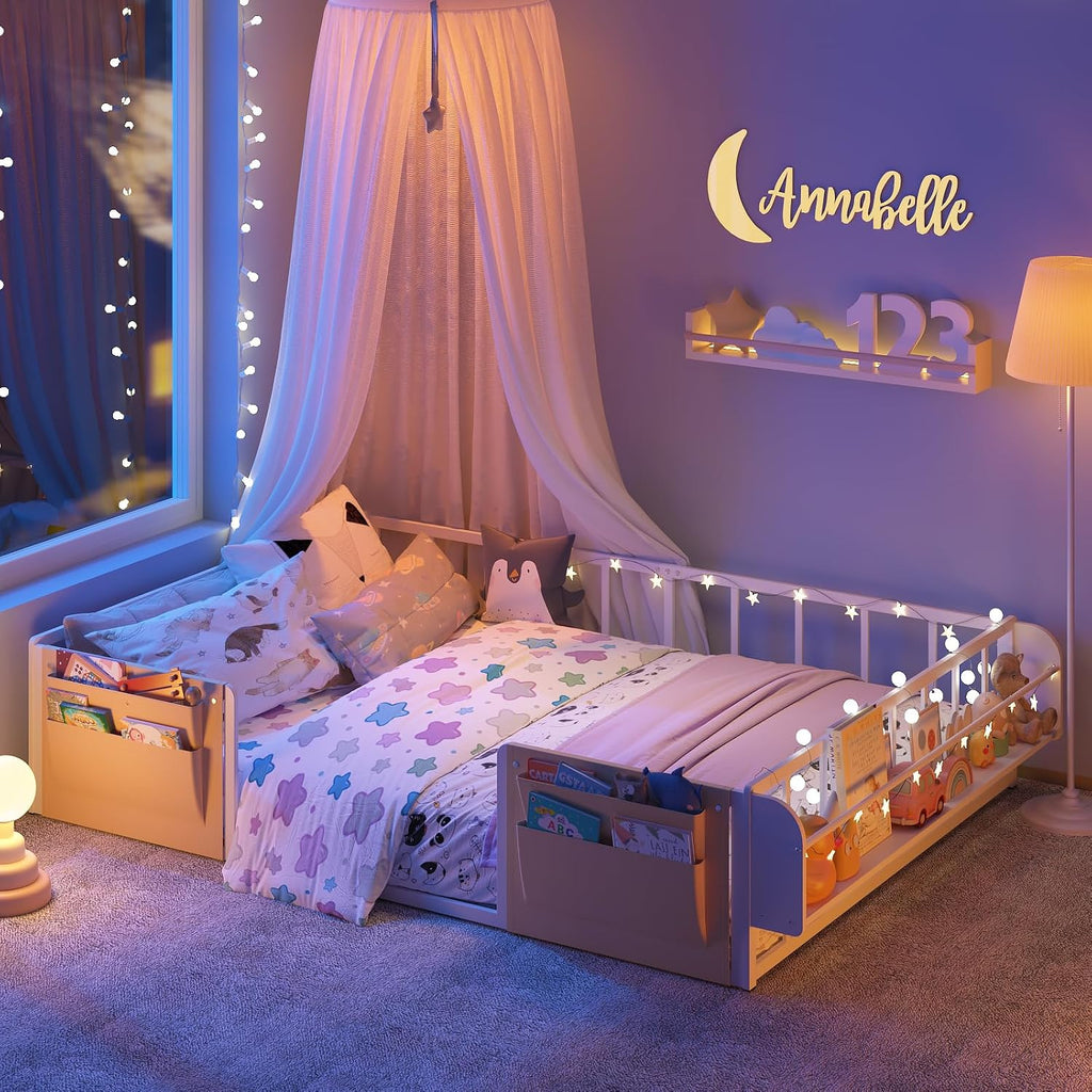 Floor Bed for Kids with Safety Guardrails, Montessori Bed White