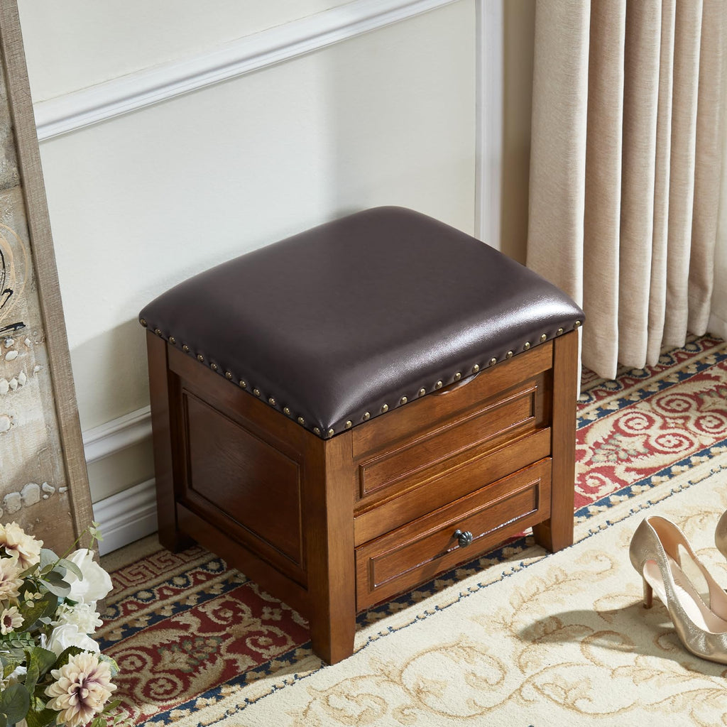 Microfiber Leather Storage Ottoman with Drawer, Small Shoe Bench