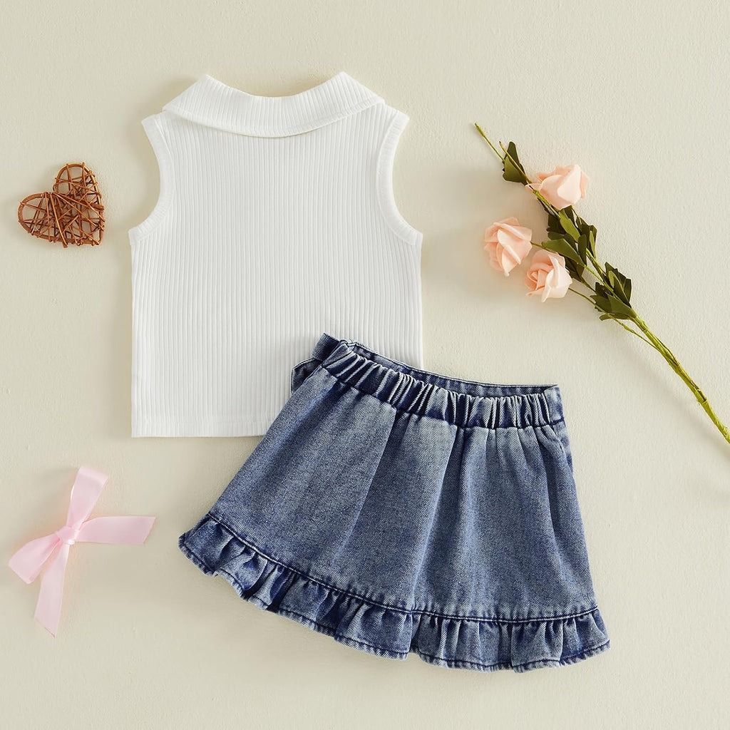 Toddler Baby Girl Denim Outfit Lapel Collar Ribbed Tops Jean Skirt